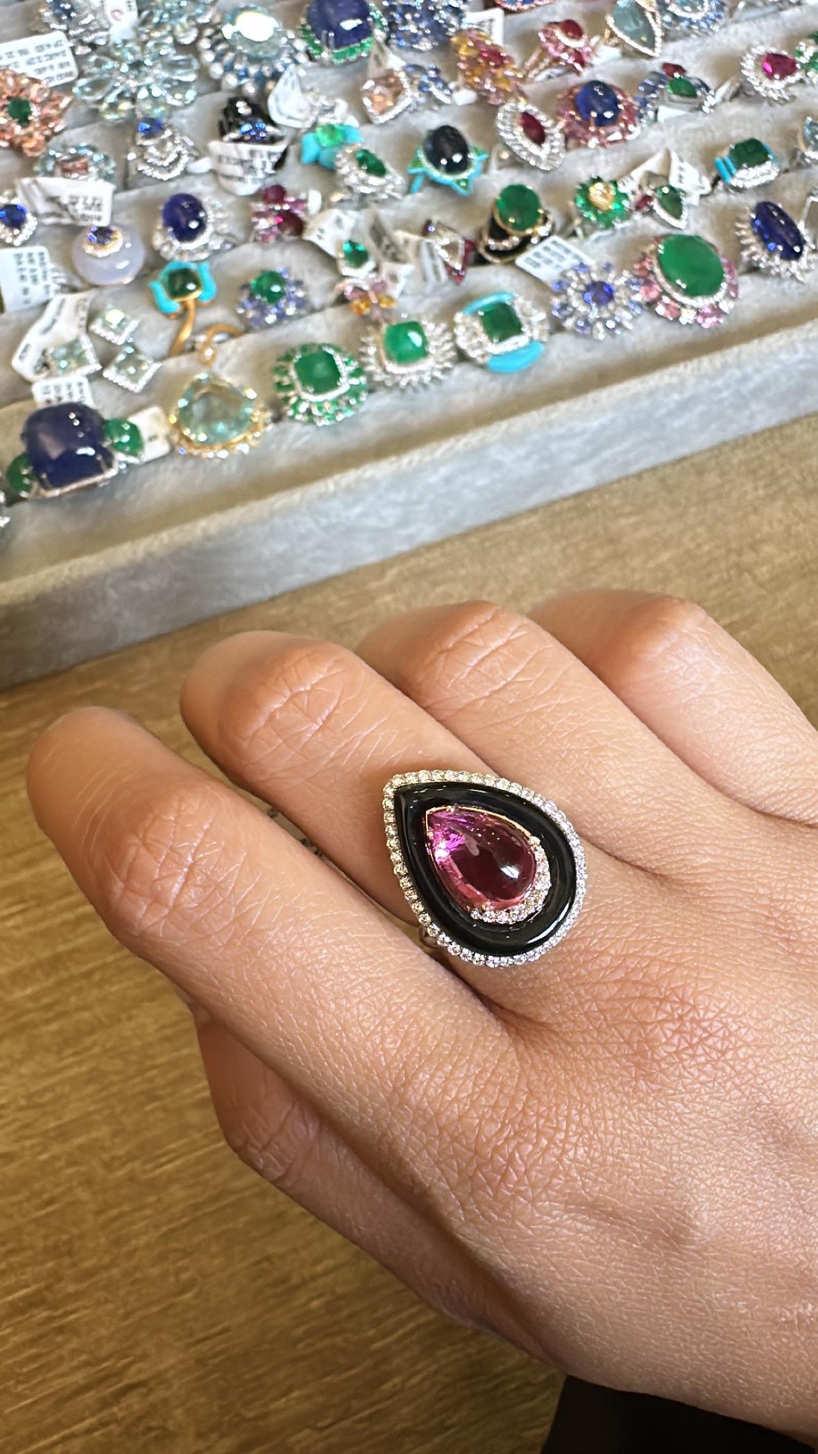 Verlobungsring aus 18 Karat Gold, Turmalin-Cabochon, schwarzem Onyx und Diamanten im Angebot 4