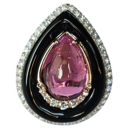 Verlobungsring aus 18 Karat Gold, Turmalin-Cabochon, schwarzem Onyx und Diamanten im Angebot