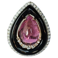 Set in 18K Gold, Tourmaline cabochon, Black Onyx & Diamonds Engagement Ring