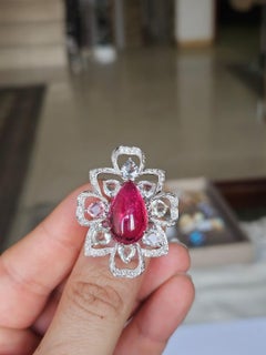 Set in 18K Gold, Tourmaline Cabochon, Multi Sapphires & Diamonds Cocktail Ring