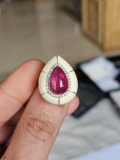 Set in 18K Gold, Tourmaline Cabochon, White Enamel & Diamonds Cocktail Ring