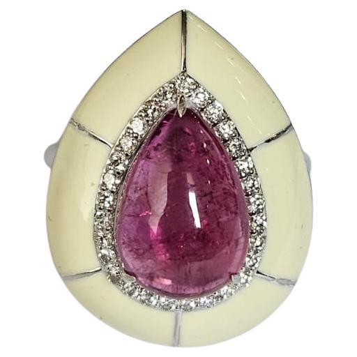 Set in 18K Gold, Tourmaline Cabochon, White Enamel & Diamonds Cocktail Ring For Sale