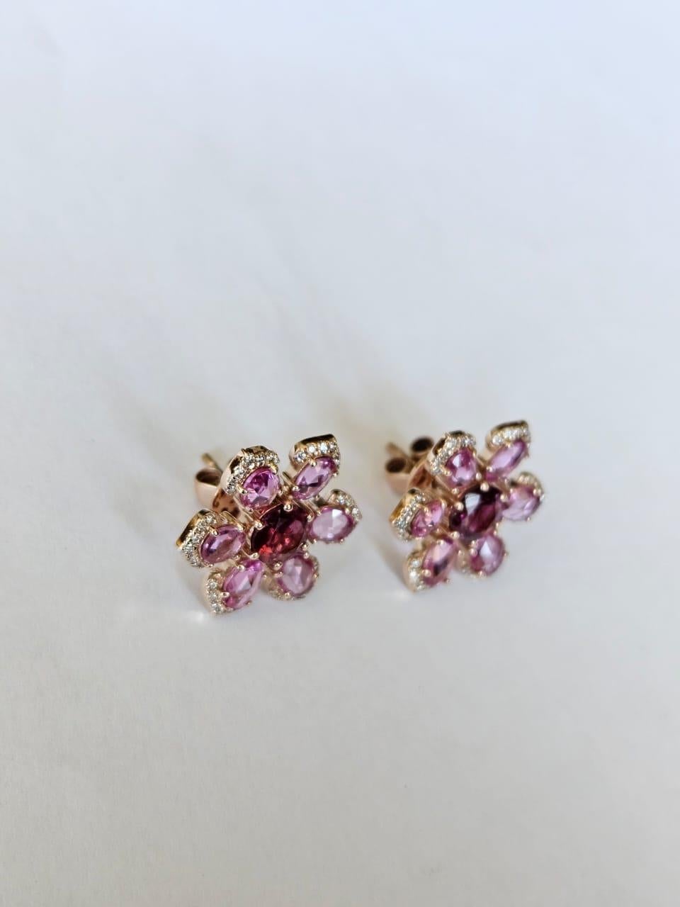 Taglio a rosa Orecchini con tormaline, zaffiri rosa di Ceylon e diamanti incastonati in oro 18 carati in vendita