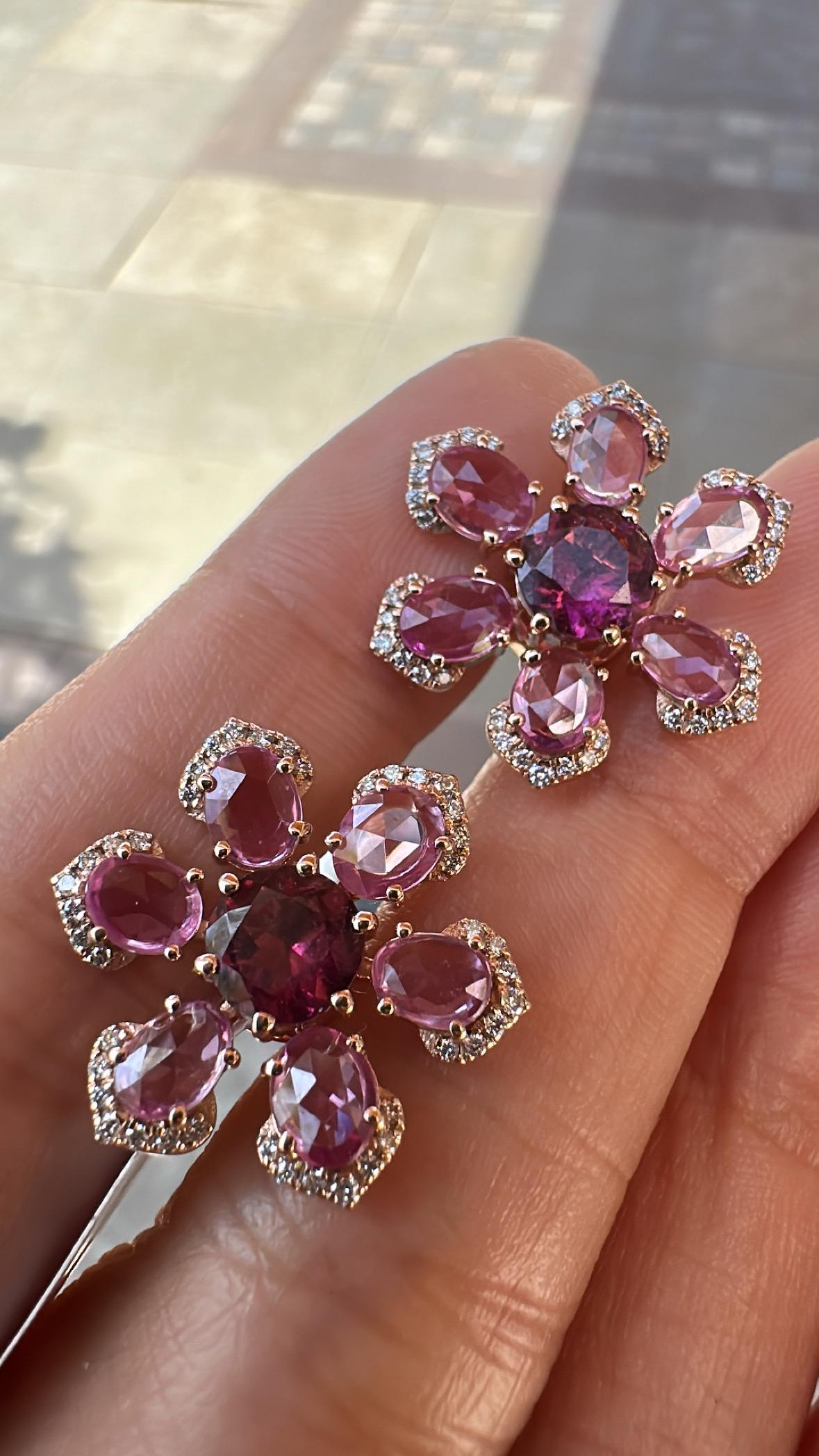 da uomo o donna Orecchini con tormaline, zaffiri rosa di Ceylon e diamanti incastonati in oro 18 carati in vendita
