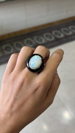 Set in 18K Gold, White Ethiopian Opal, Black Onyx & Diamonds Cocktail/Dome Ring