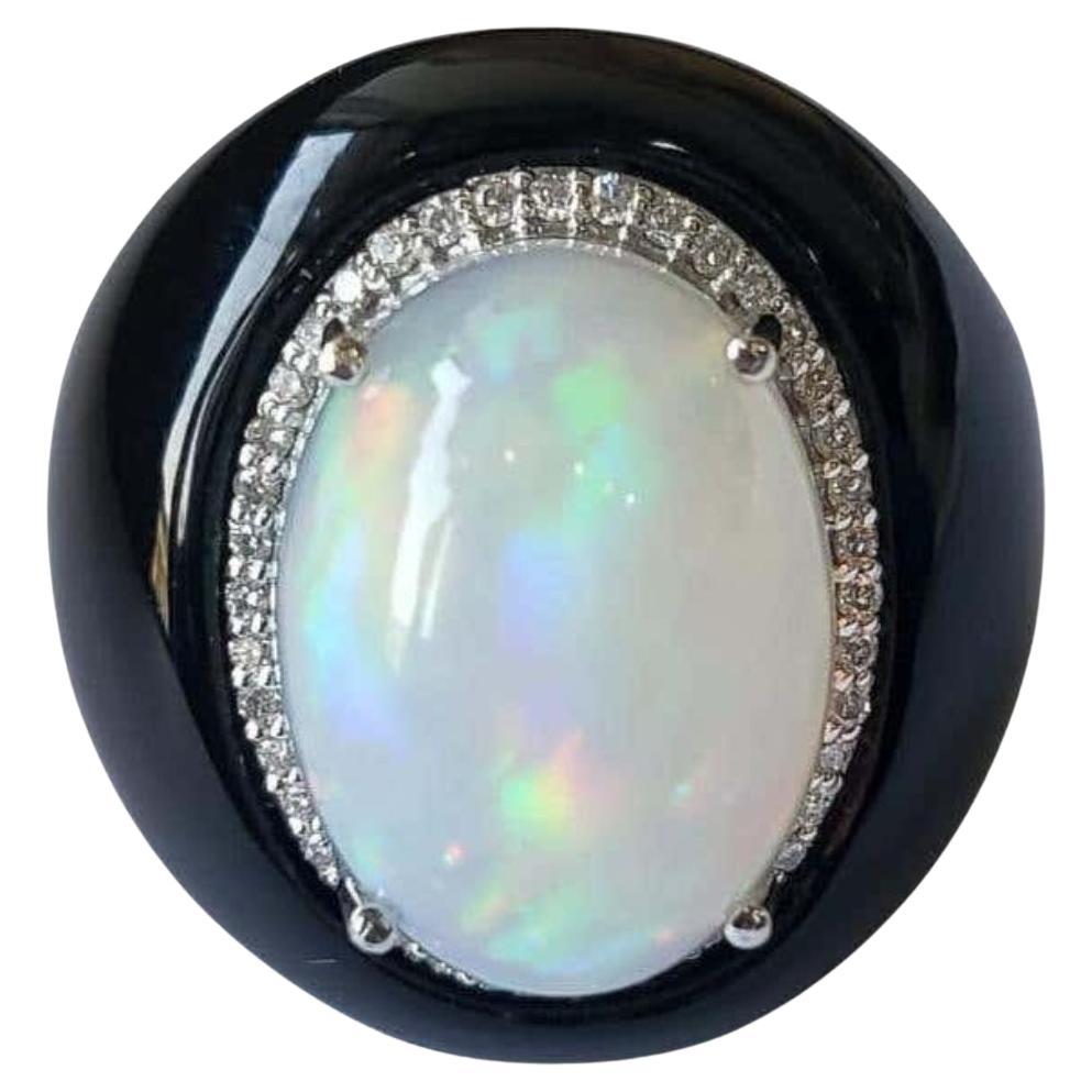 Set in 18K Gold, White Ethiopian Opal, Black Onyx & Diamonds Cocktail/Dome Ring