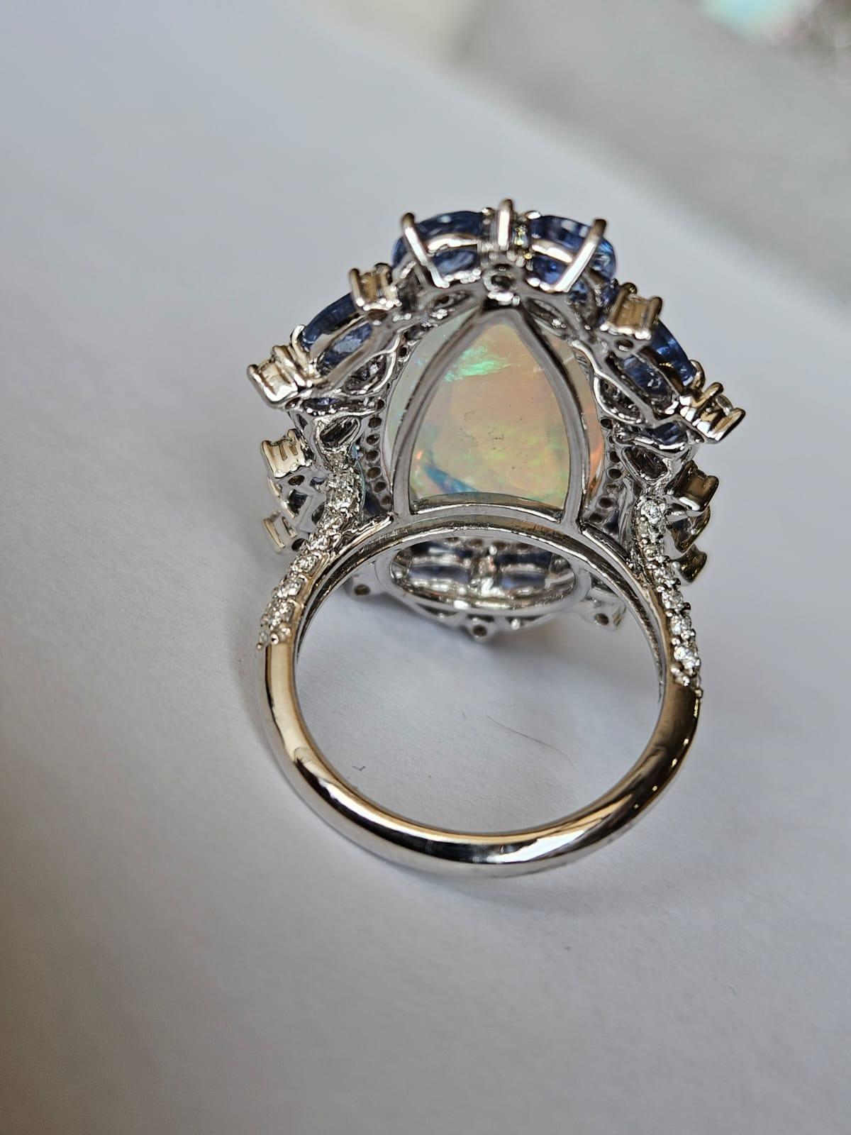 Modern Set in 18K Gold, white Ethiopian Opal, Blue Sapphires & Diamonds Cocktail Ring