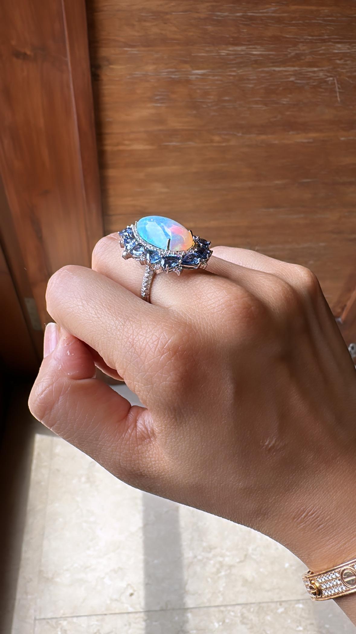 Set in 18K Gold, white Ethiopian Opal, Blue Sapphires & Diamonds Cocktail Ring For Sale 1
