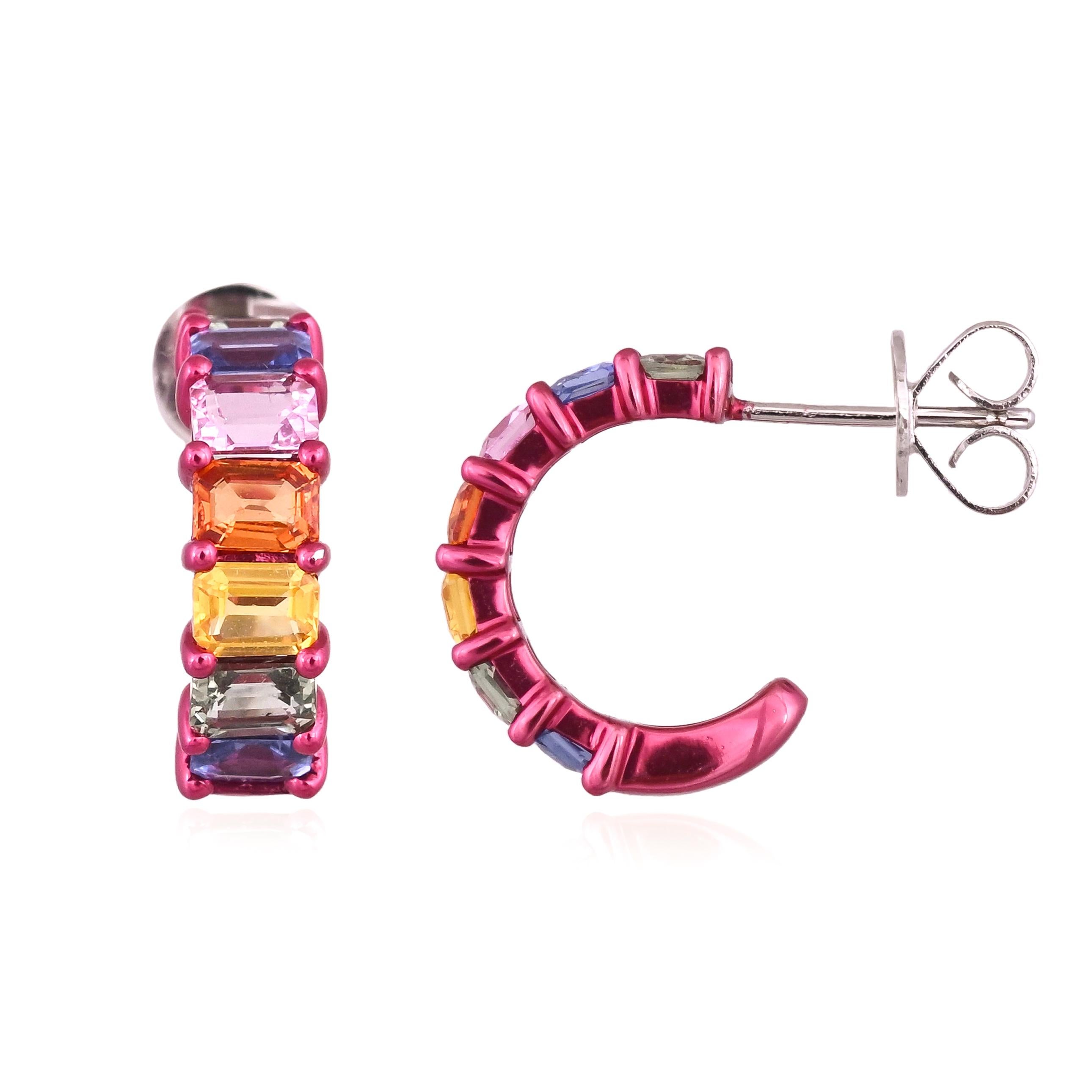Halbe Creolen mit Ceylon-Multisaphiren, gefasst in 18 Karat Gold mit rotem Rhodium im Angebot 4