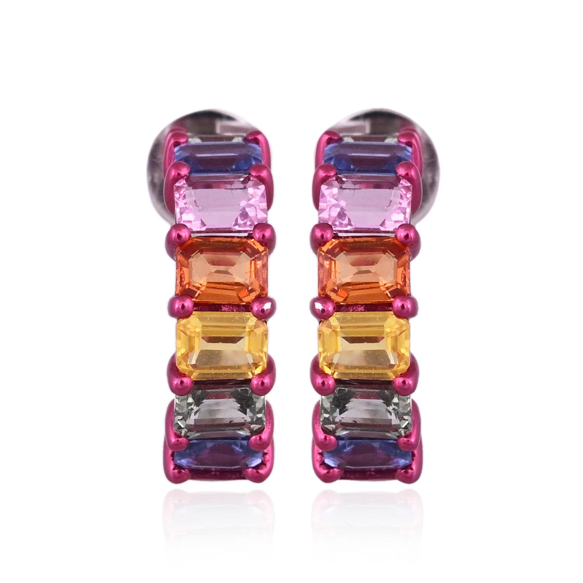 A very gorgeous and beautiful, modern style, Multi Sapphires half Hoop Earrings set in 18K Gold & Red Rhodium. The weight of the Multi Sapphires is 3.60 carats. The Multi Sapphires are of Ceylon (Sri Lankan) origin. Net 18K Gold weight is 4.34