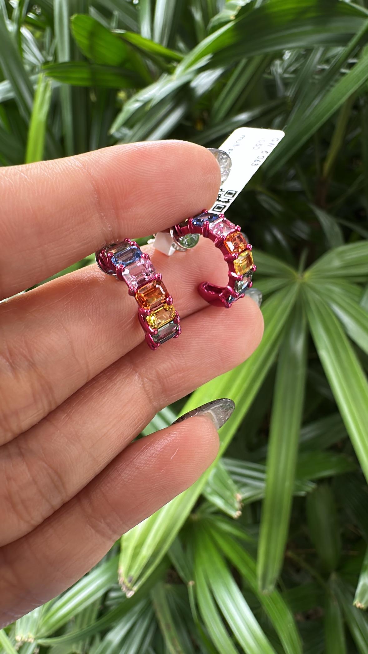 Modern Set in 18K Gold with Red Rhodium, Ceylon Multi Sapphires Half Hoop Earrings For Sale