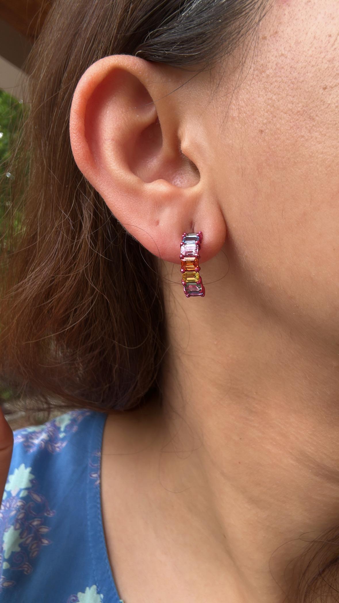 Emerald Cut Set in 18K Gold with Red Rhodium, Ceylon Multi Sapphires Half Hoop Earrings For Sale