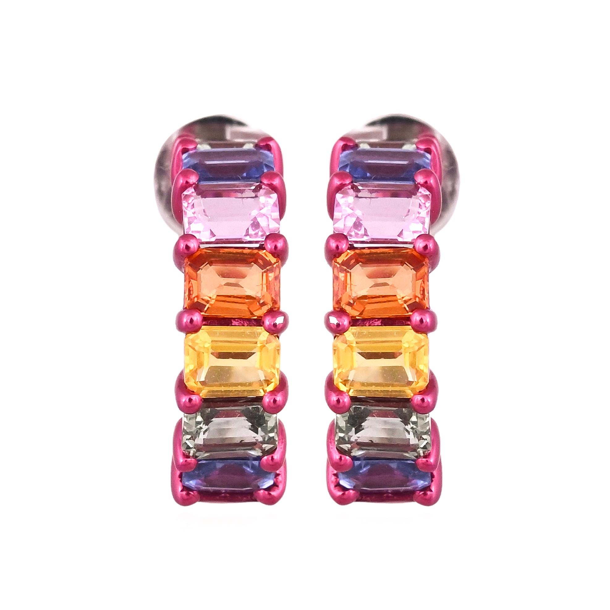 Halbe Creolen mit Ceylon-Multisaphiren, gefasst in 18 Karat Gold mit rotem Rhodium im Angebot 3