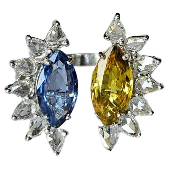 Set in 18K Gold, Yellow and Blue Sapphire & Rose Cut Diamonds Toi et Moi Ring For Sale