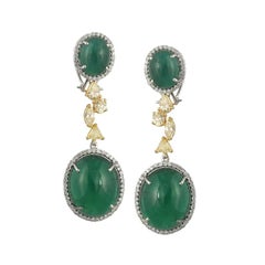 Set in 18K gold, Zambian cabochon Emerald and yellow diamonds classic earrings