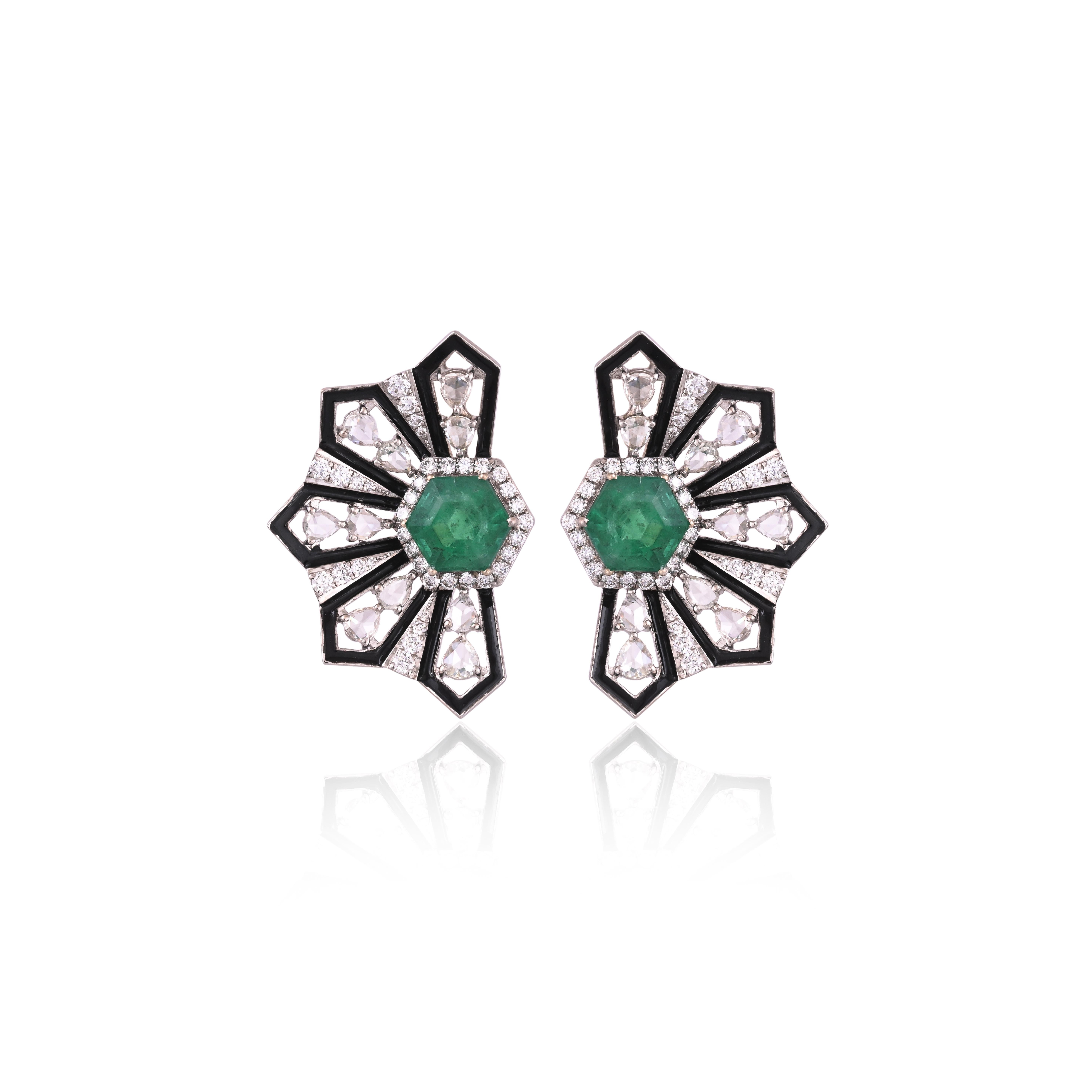 A very beautiful and special, one of a kind, Art Deco style, Emerald & Black Enamel Earrings set in 18K White Gold & natural Diamonds. The weight of the Hexagon shaped Emerald is 5.43 carats. The Emeralds are completely natural, without any