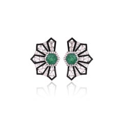 Set in 18K Gold, Zambian Emerald, Black Enamel & Rose Cut Diamonds Stud Earrings