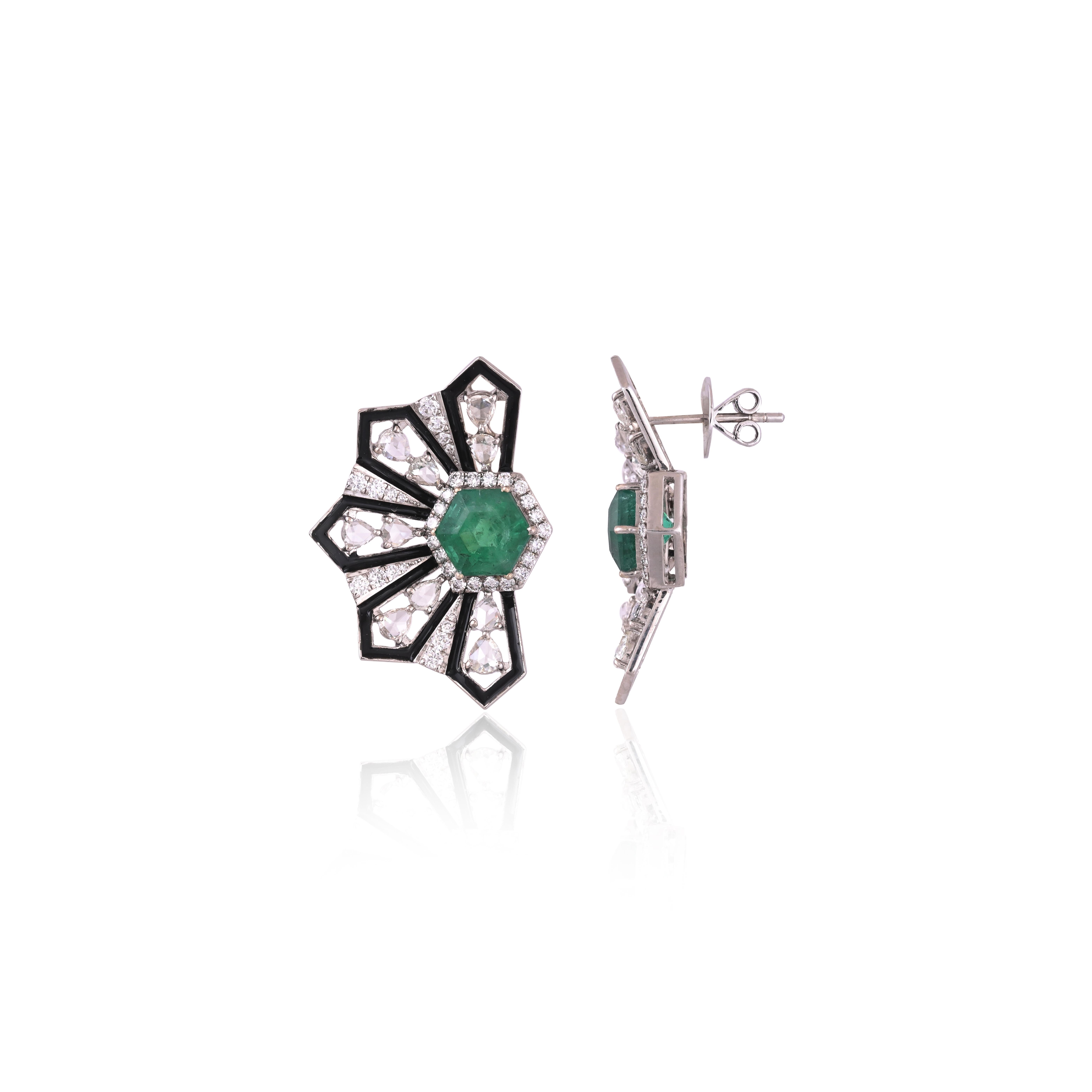 Art Deco Set in 18K Gold, Zambian Emerald, Black Enamel & Rose Cut Diamonds Stud Earrings For Sale