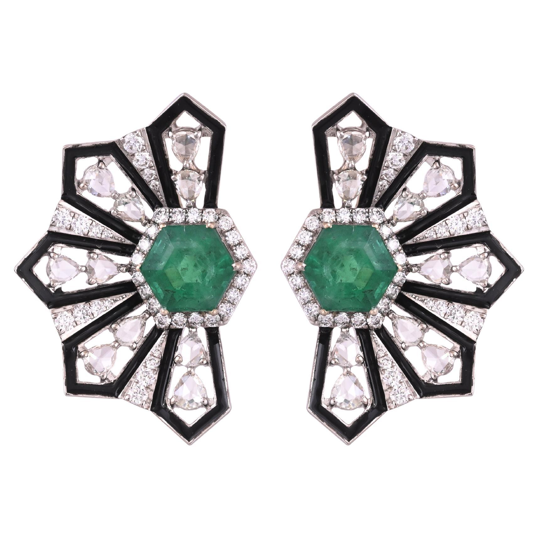 Set in 18K Gold, Zambian Emerald, Black Enamel & Rose Cut Diamonds Stud Earrings