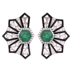 Boucles d'oreilles en or 18K serties d'émeraude de Zambie, d'émail noir et de diamants taillés en rose