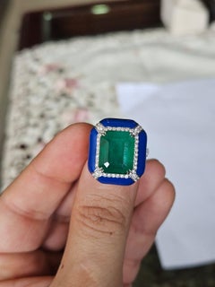 Set in 18K Gold, Zambian Emerald, Blue Enamel & Diamond Art Deco Engagement Ring