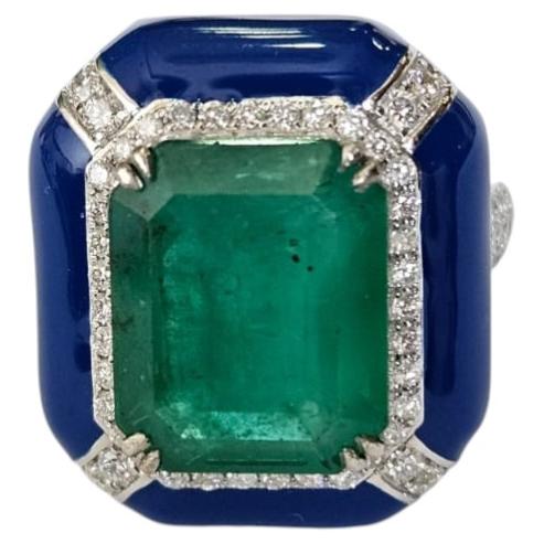 Set in 18K Gold, Zambian Emerald, Blue Enamel & Diamond Art Deco Engagement Ring For Sale