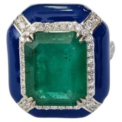 Set in 18K Gold, Zambian Emerald, Blue Enamel & Diamond Art Deco Engagement Ring