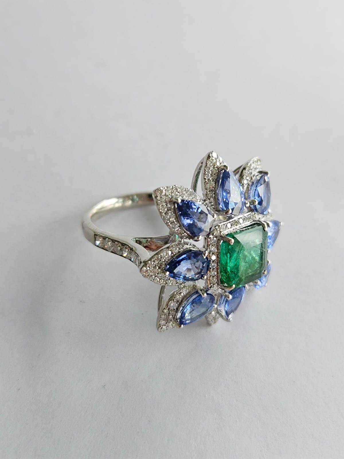 Square Cut Set in 18K Gold, Zambian Emerald, Blue Sapphires & Diamonds Cocktail Ring For Sale