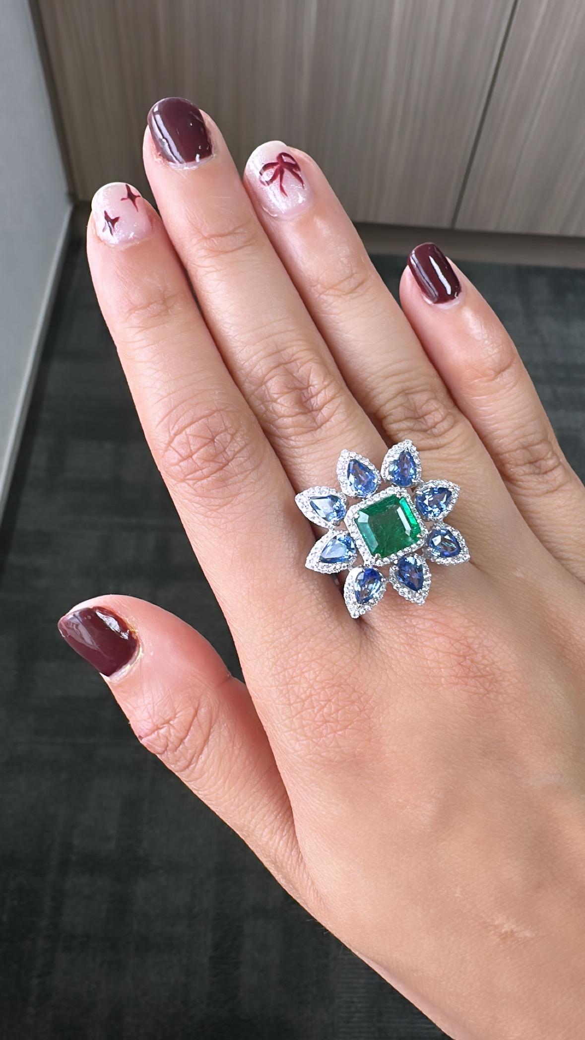 Set in 18K Gold, Zambian Emerald, Blue Sapphires & Diamonds Cocktail Ring For Sale 2