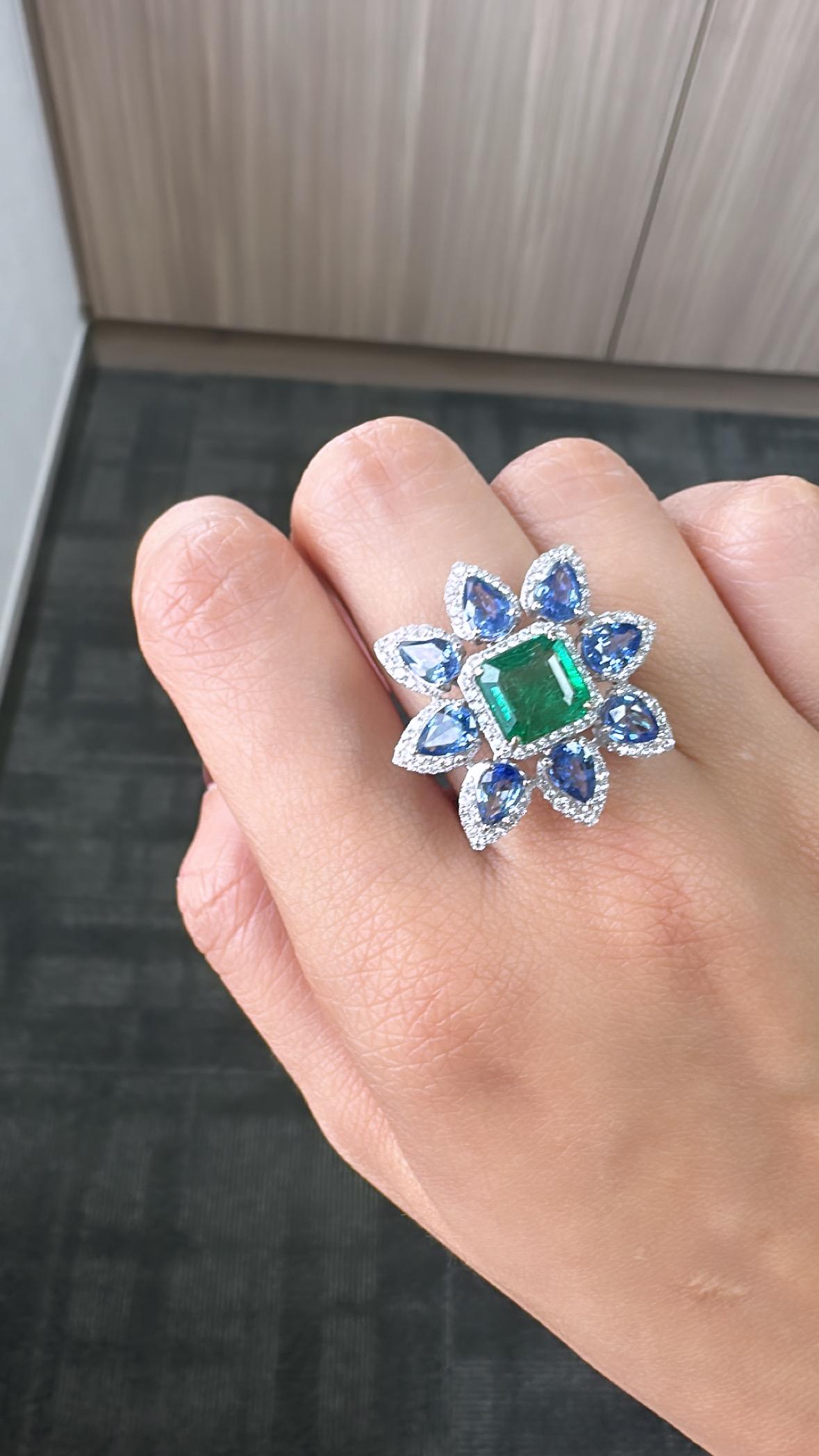 Set in 18K Gold, Zambian Emerald, Blue Sapphires & Diamonds Cocktail Ring For Sale 3