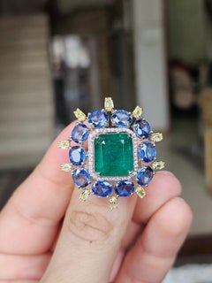 Set in 18K Gold, Zambian Emerald, Blue Sapphires & Yellow Diamonds Cocktail Ring