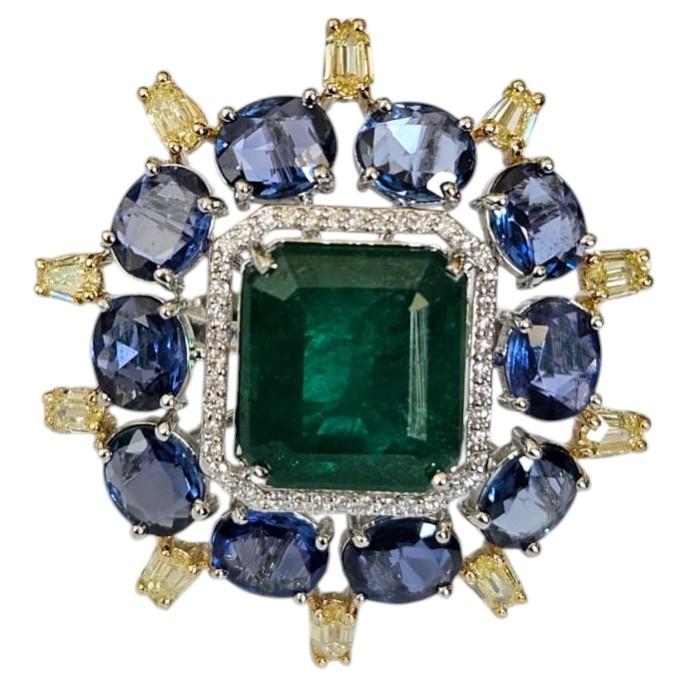 Set in 18K Gold, Zambian Emerald, Blue Sapphires & Yellow Diamonds Cocktail Ring
