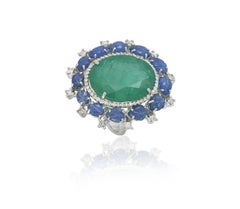 Set in 18K Gold, Zambian Emerald, Burmese Blue Sapphire & Diamonds Cocktail Ring