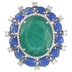 Set in 18K Gold, Zambian Emerald, Burmese Blue Sapphire 
Diamonds Cocktail Ring