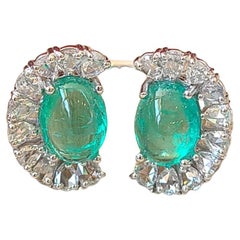 Set in 18K Gold, Zambian Emerald Cabochons 
Rose Cut Diamonds Cocktail Ring