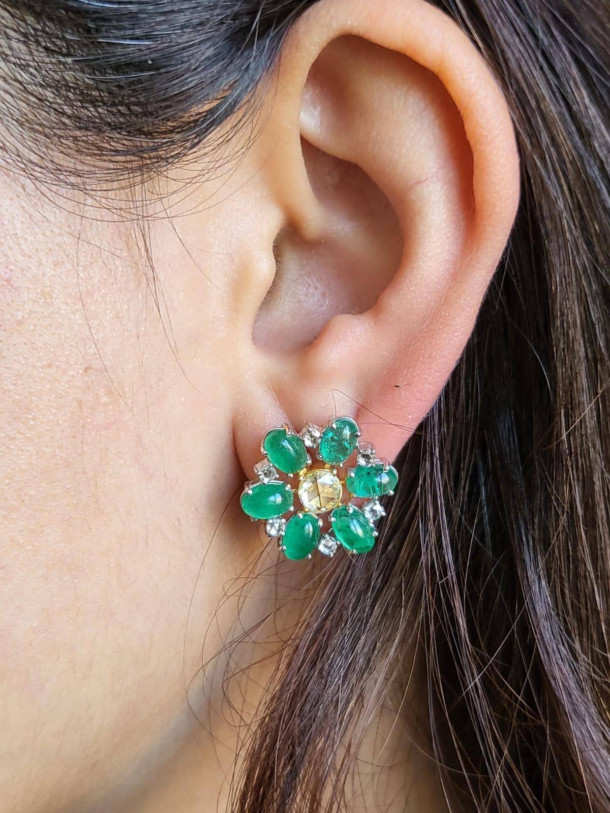 Art Deco Set in 18K Gold, Zambian Emerald Cabochons & Rose Cut Diamonds Stud Earrings For Sale