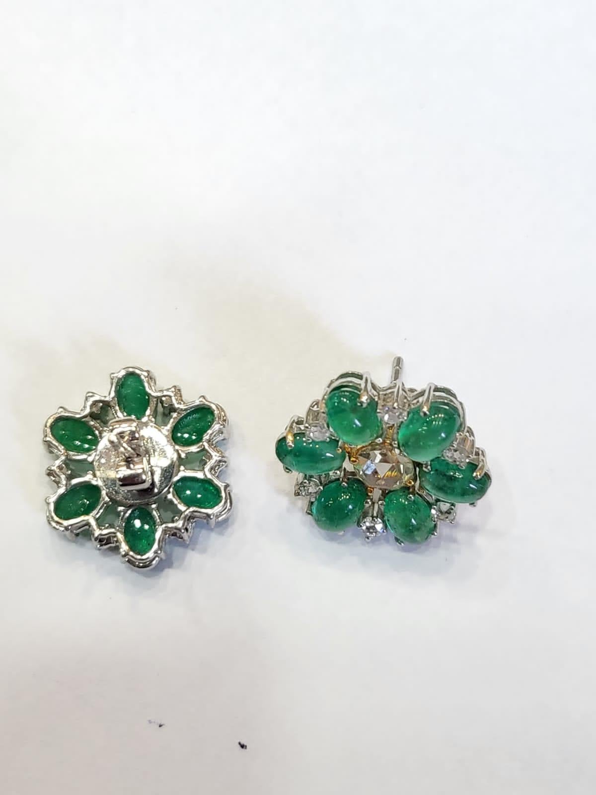 Set in 18K Gold, Zambian Emerald Cabochons & Rose Cut Diamonds Stud Earrings For Sale 1