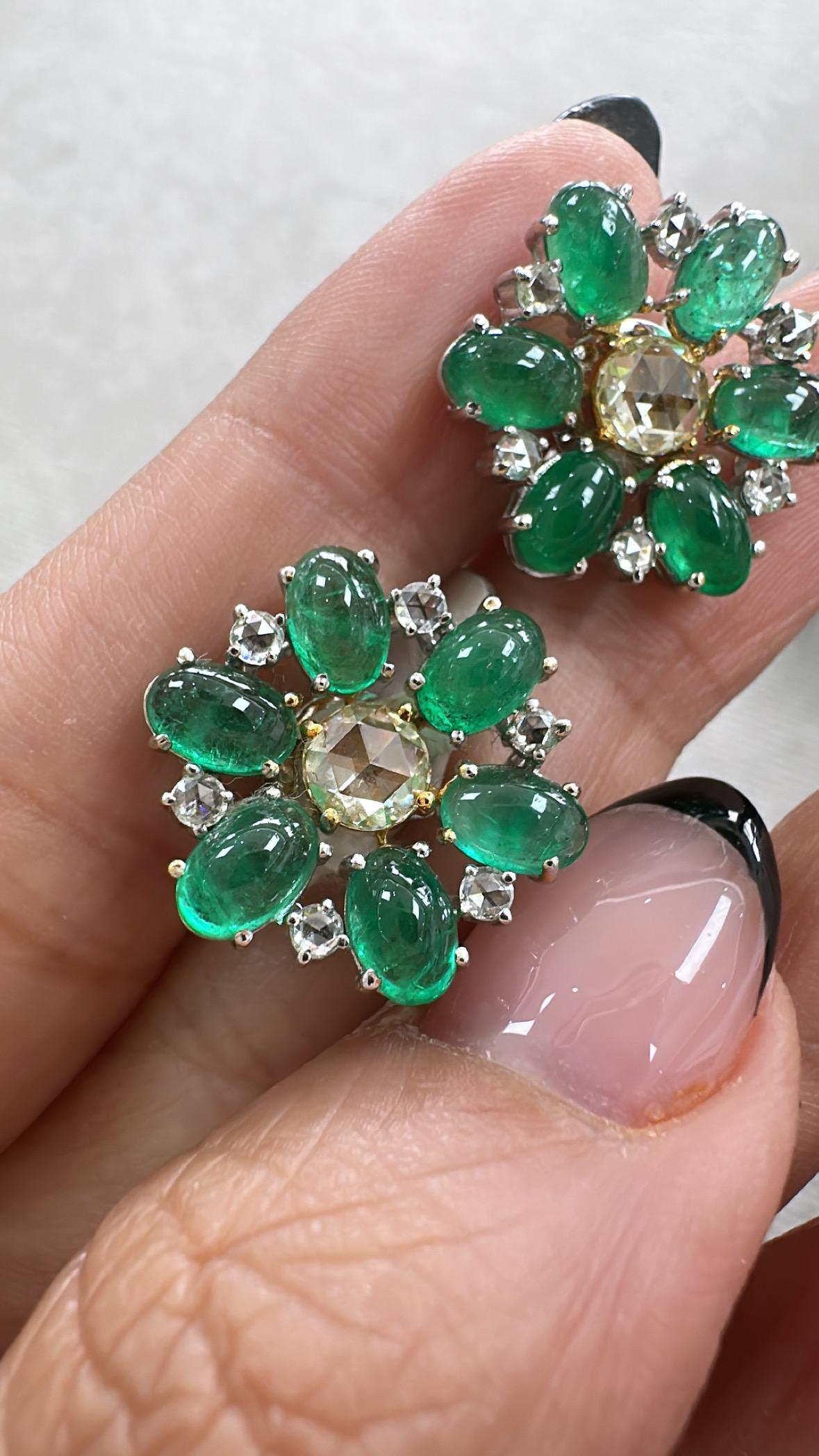 Clous d'oreilles en or 18 carats, cabochons d'émeraudes de Zambie et diamants taille rose en vente 2