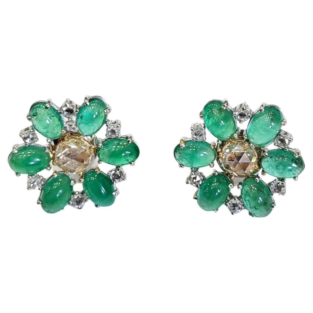 Set in 18K Gold, Zambian Emerald Cabochons & Rose Cut Diamonds Stud Earrings For Sale