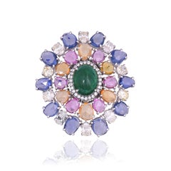 Set in 18K Gold, Zambian Emerald, Ceylon Multi Sapphires & Diamond Cocktail Ring