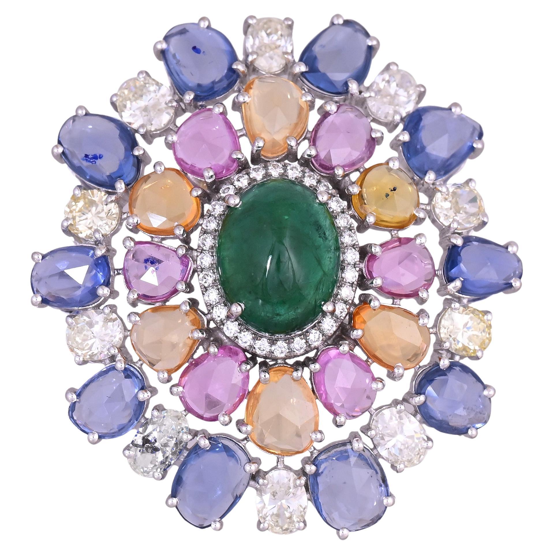 Set in 18K Gold, Zambian Emerald, Ceylon Multi Sapphires & Diamond Cocktail Ring For Sale