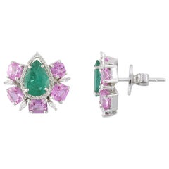 Set in 18K Gold, Zambian Emerald, Ceylon Pink Sapphire 
Diamonds Stud Earrings