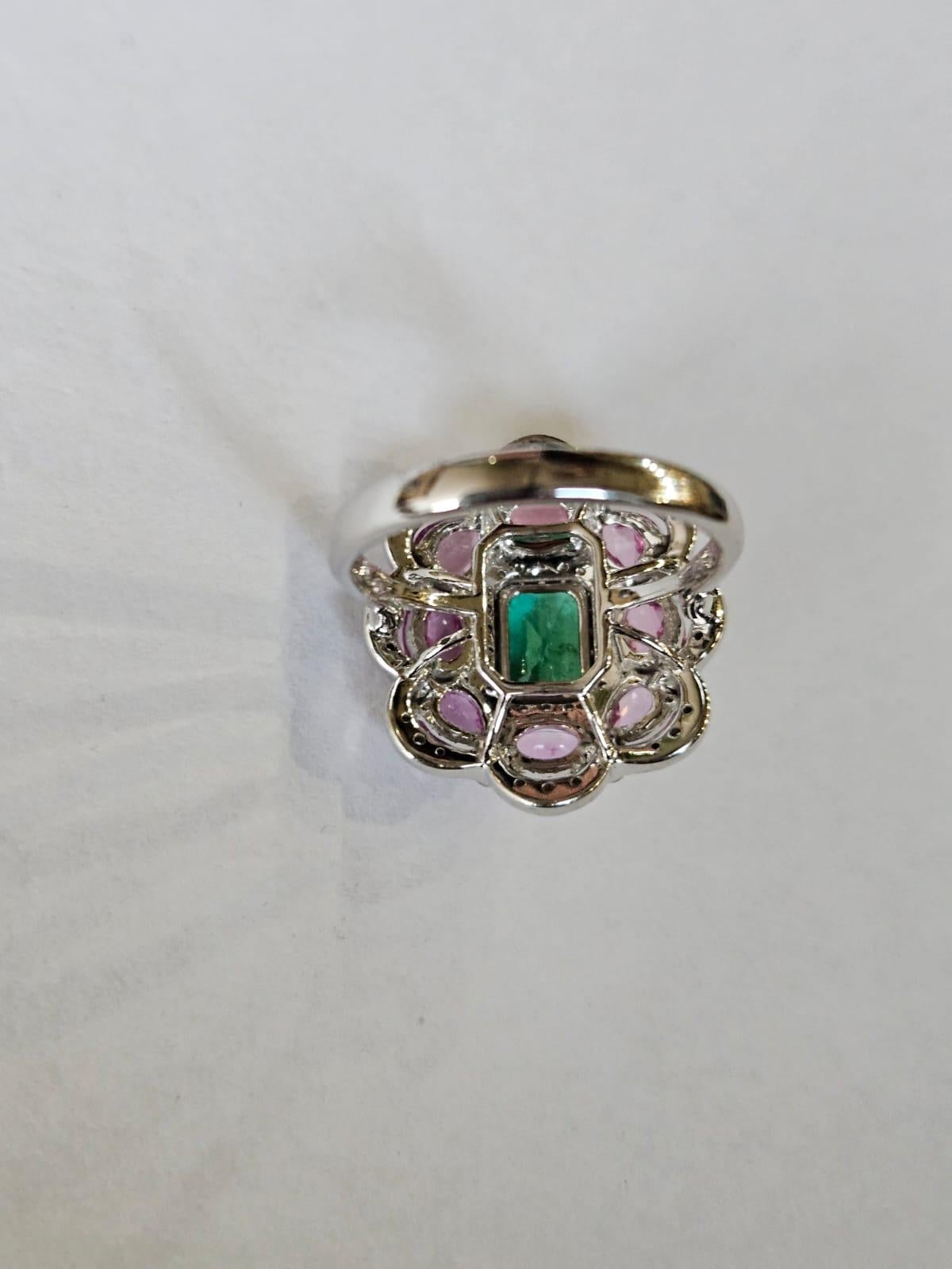 Modern Set in 18K Gold, Zambian Emerald, Ceylon Pink Sapphires & Diamonds Cocktail Ring For Sale