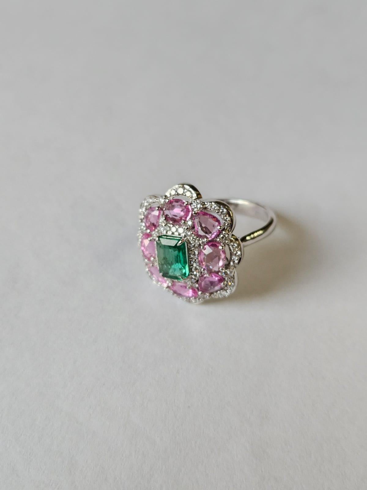 Emerald Cut Set in 18K Gold, Zambian Emerald, Ceylon Pink Sapphires & Diamonds Cocktail Ring For Sale