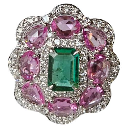 Set in 18K Gold, Zambian Emerald, Ceylon Pink Sapphires & Diamonds Cocktail Ring