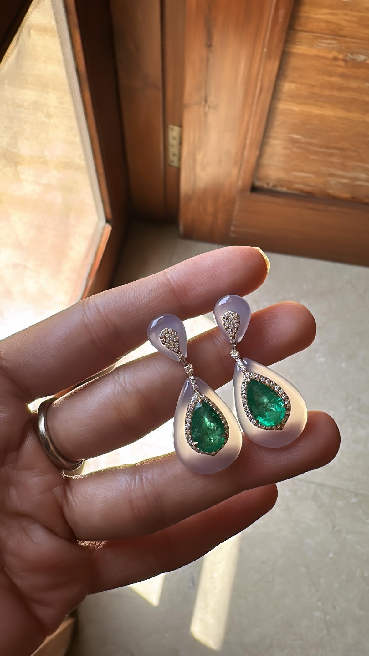 Set in 18K Gold, Zambian Emerald, Chalcedony & Diamonds Chandelier Earrings For Sale 6