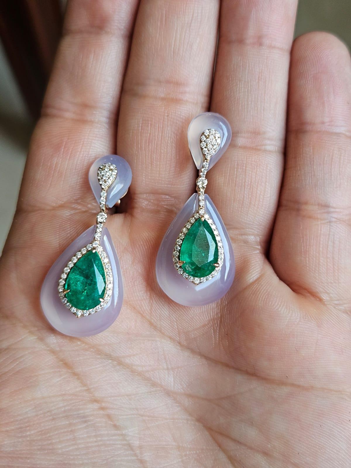 A very gorgeous and beautiful, modern style, Chalcedony & Emerald Chandelier Earrings set in 18K Rose Gold & Diamonds. The weight of the pear shaped Emeralds is 5.41 carats. The Emeralds are completely natural, without any treatment and are of
