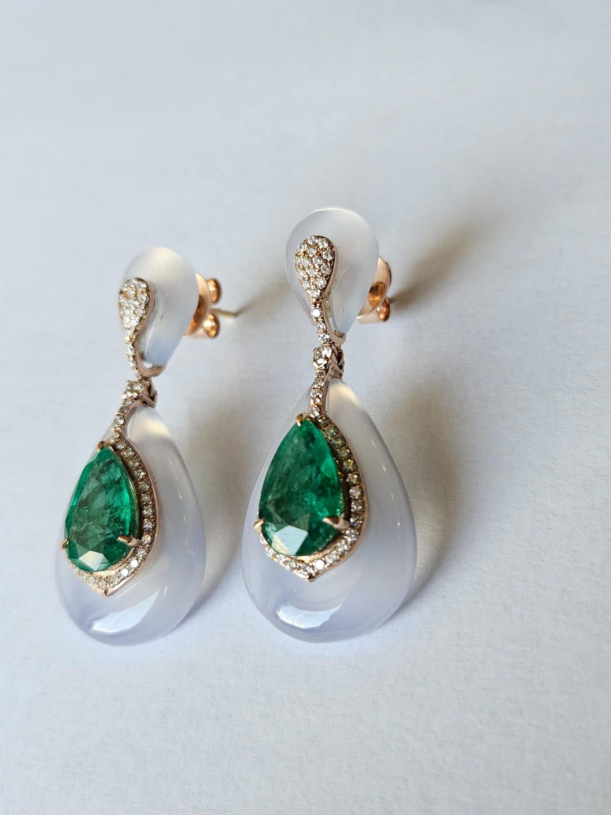 Modern Set in 18K Gold, Zambian Emerald, Chalcedony & Diamonds Chandelier Earrings For Sale