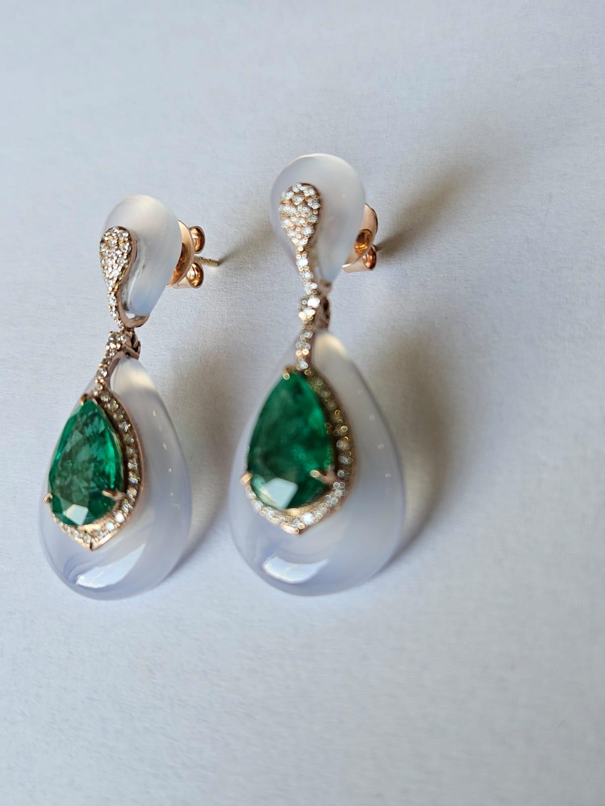 Pear Cut Set in 18K Gold, Zambian Emerald, Chalcedony & Diamonds Chandelier Earrings For Sale