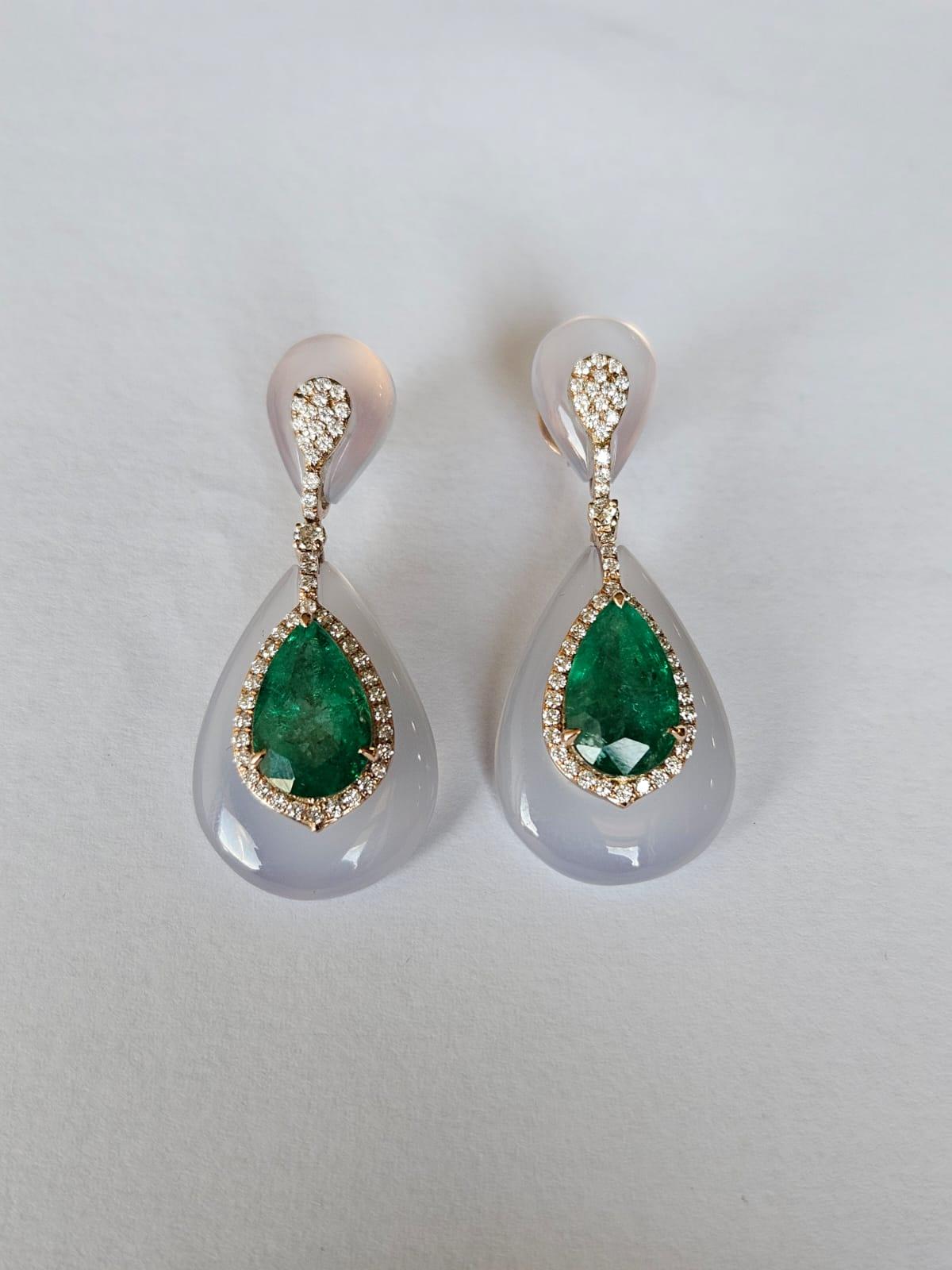 Set in 18K Gold, Zambian Emerald, Chalcedony & Diamonds Chandelier Earrings In New Condition For Sale In Hong Kong, HK